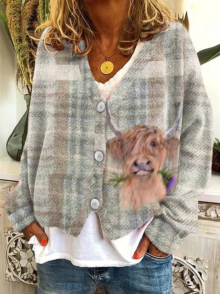 Highland Cow Greetings Wool Felt Art V-Neck Knitted Cardigan