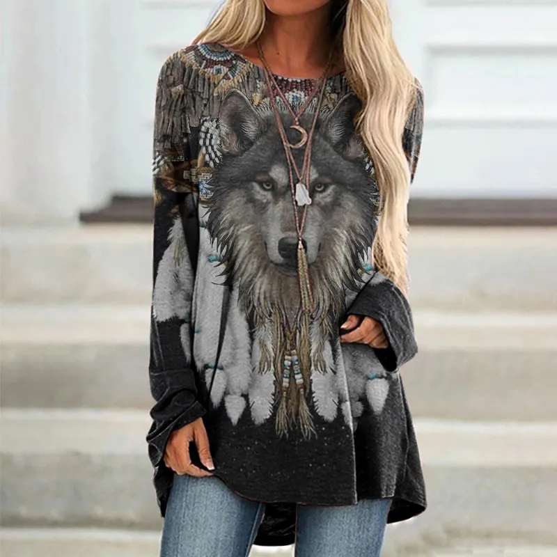 Western Wolf Print Casual Round Neck Tunic