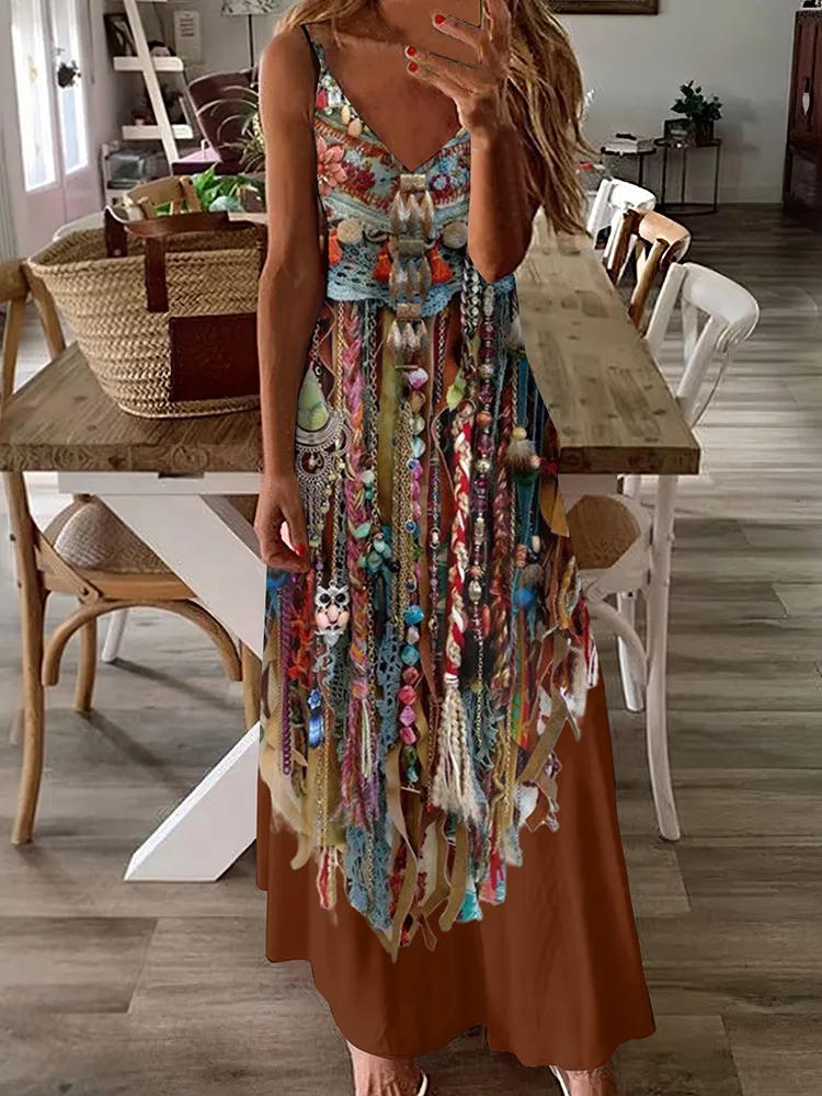 Vintage Western Fringe Print Casual Maxi Dress