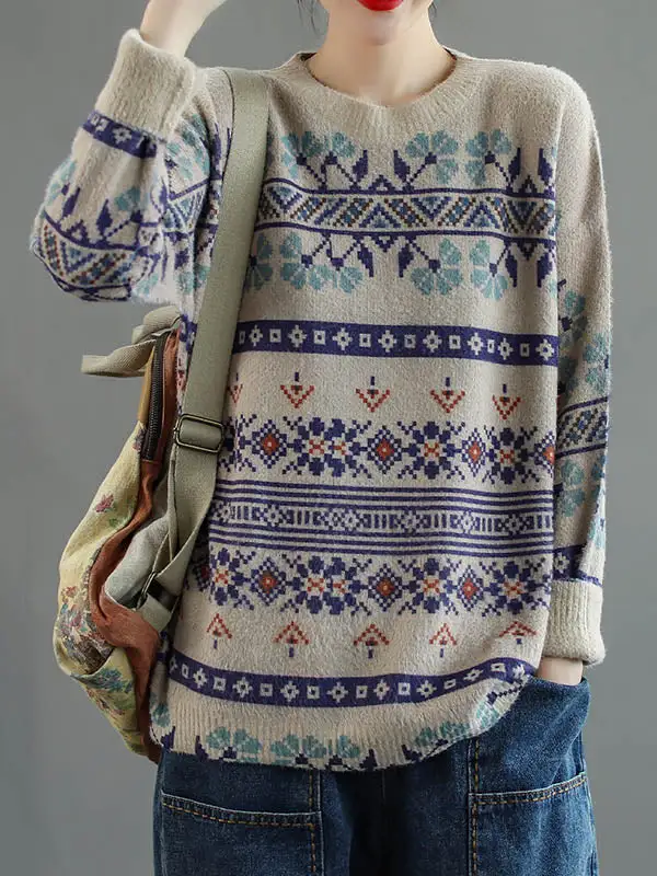 Vintage National Printed Blue Striped Round-Neck Long Sleeves Knitted Sweater