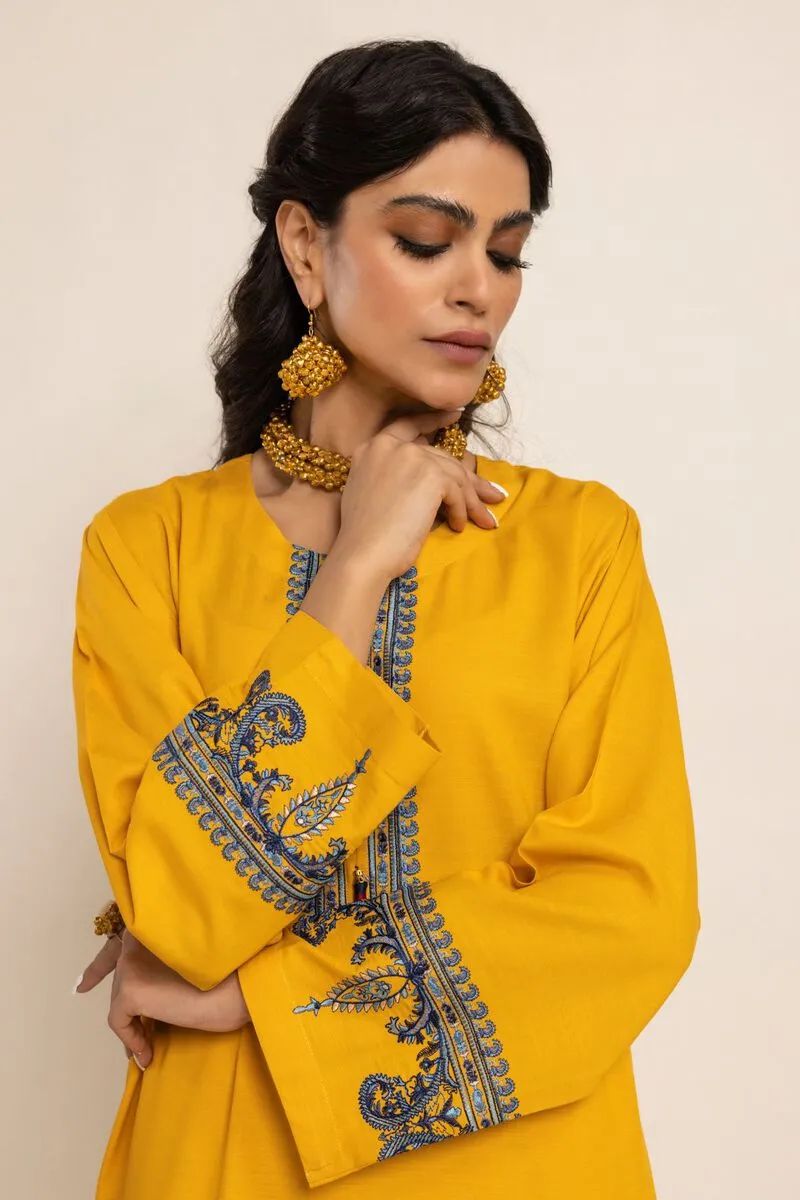 3 Piece Kurta Embroidered | Dupatta& Bottom & Tops | Color yellow