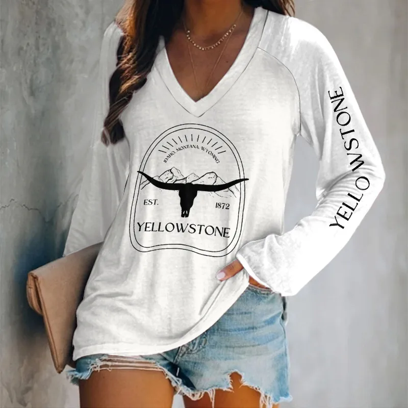 Western Print V Neck Long Sleeve Casual T-Shirt