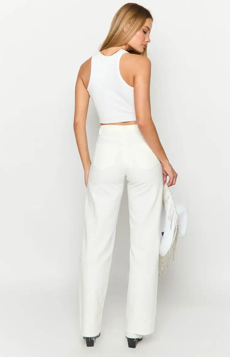 Gem Diamante Trim Wide Leg White Denim Jeans