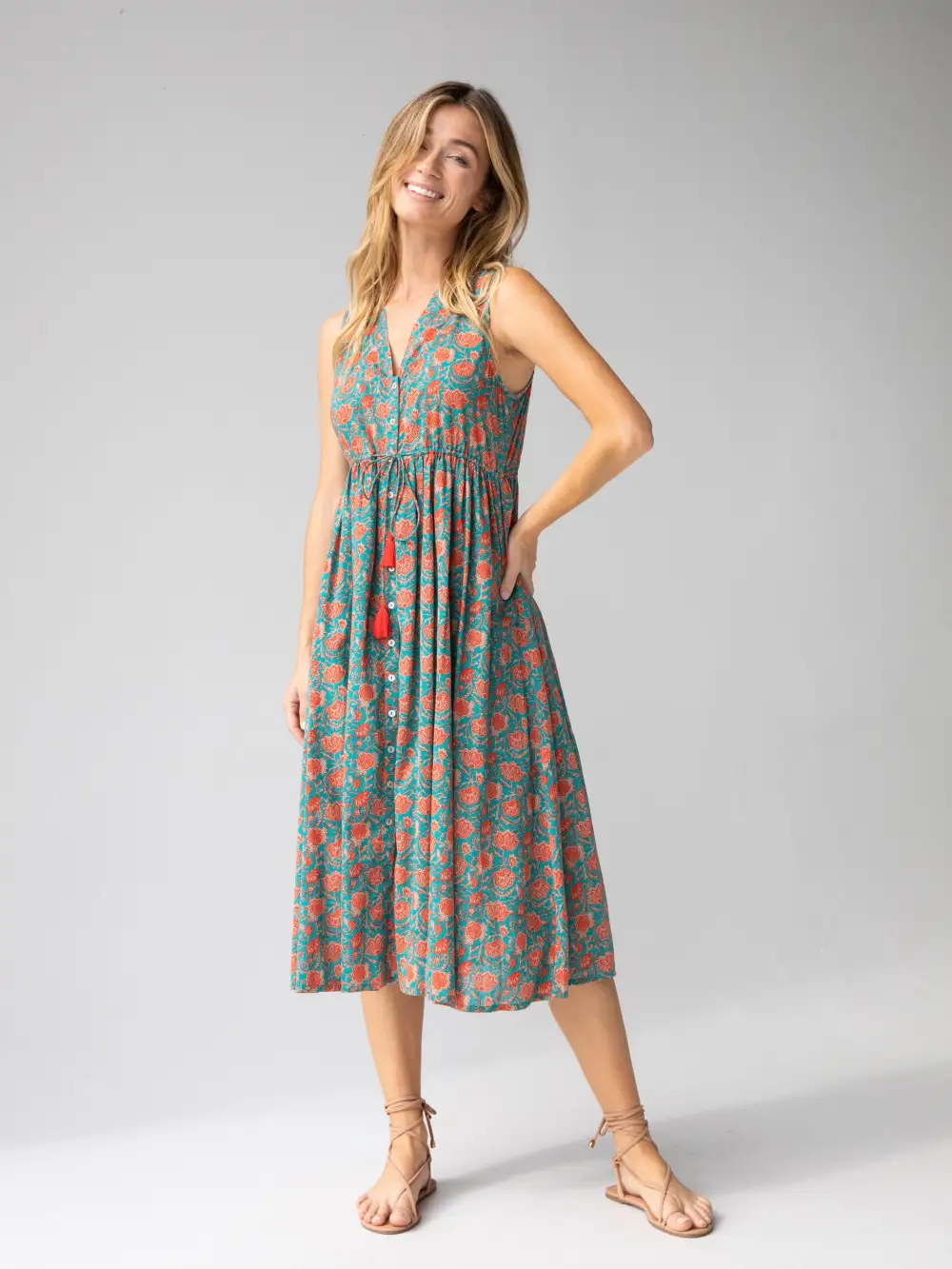 Amelia Cotton Sleeveless Shirt Dress - Turquoise Vines