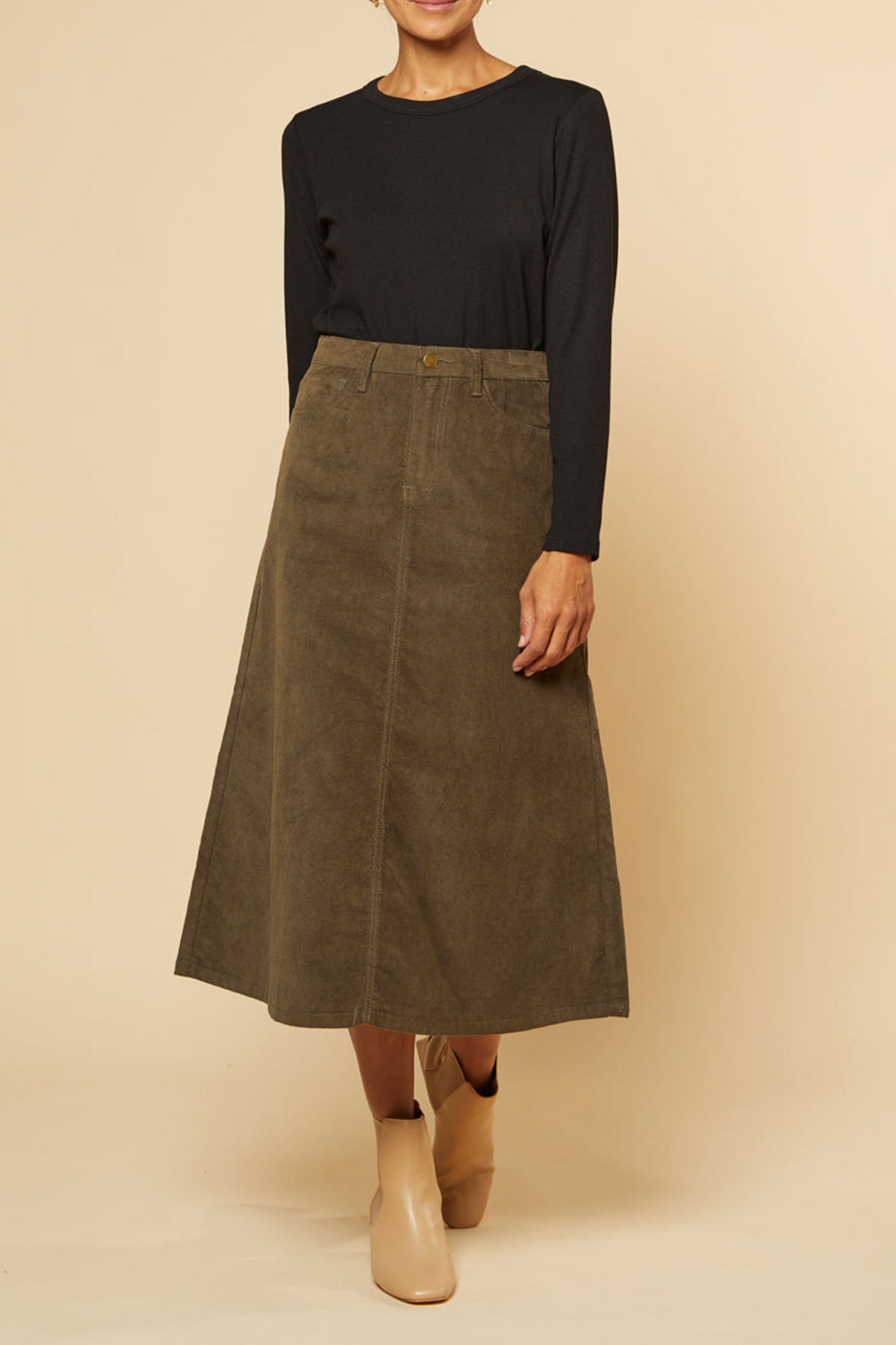 Adrift A-Line Brushed Cotton Skirt in Olive