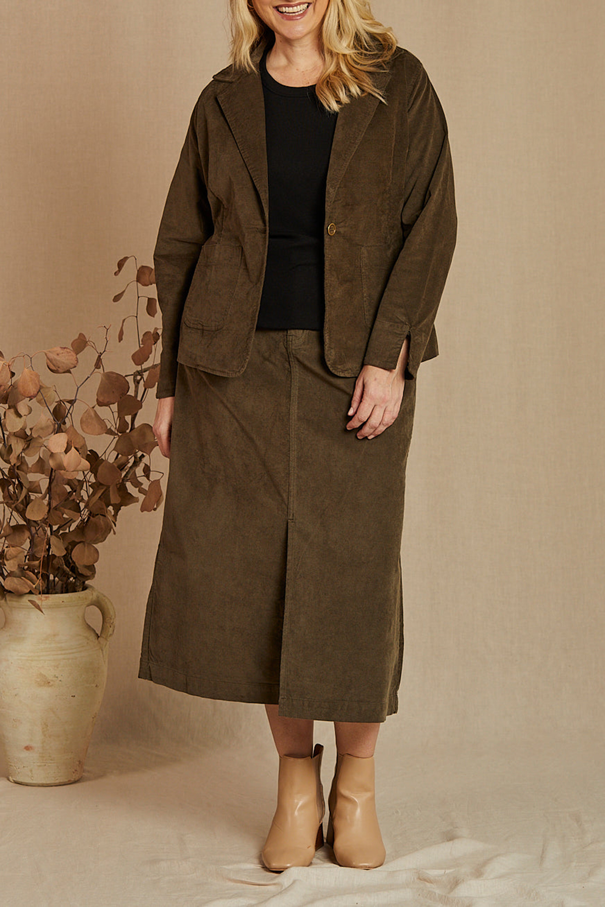 Adrift Split Brushed Cotton Skirt in Olive