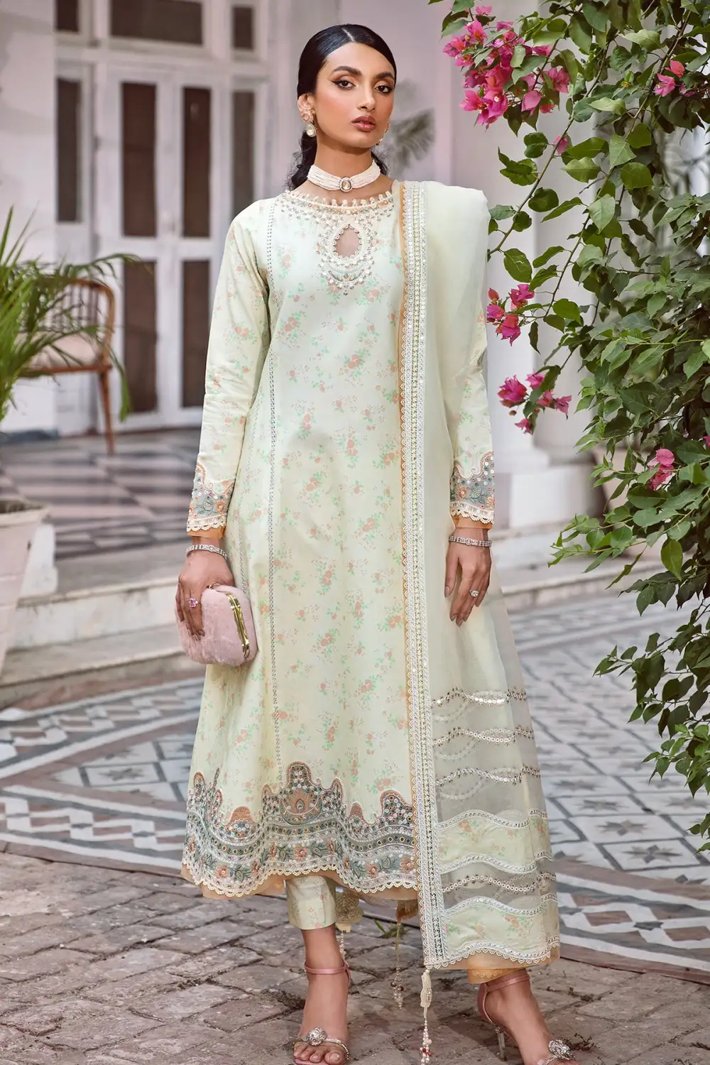 Lime Primerose Embroidered Lawn