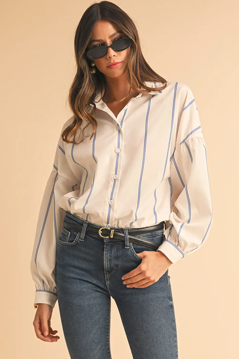 Sky Blue Stripe Drop Shoulder Bubble Sleeve Loose Shirt