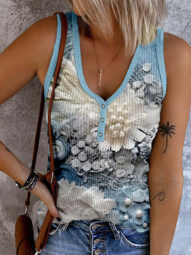 Blue and White Lace Collage Art Button Up Tank Top