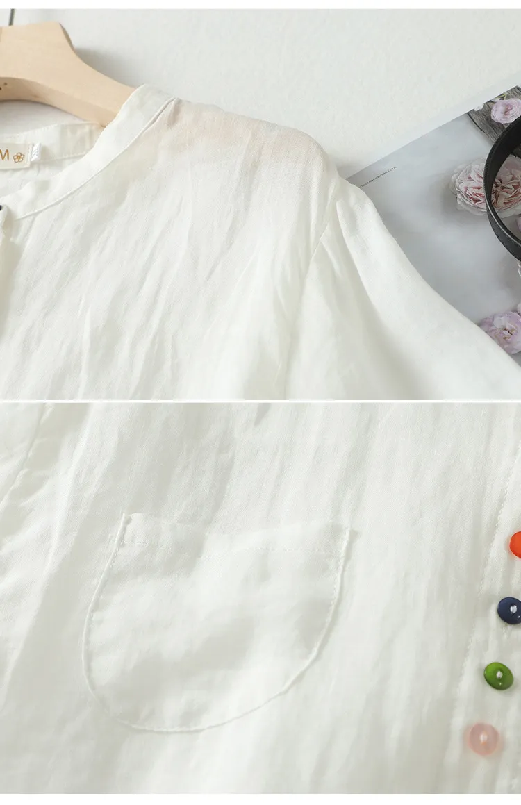 Art retro cotton linen color button irregular shirt