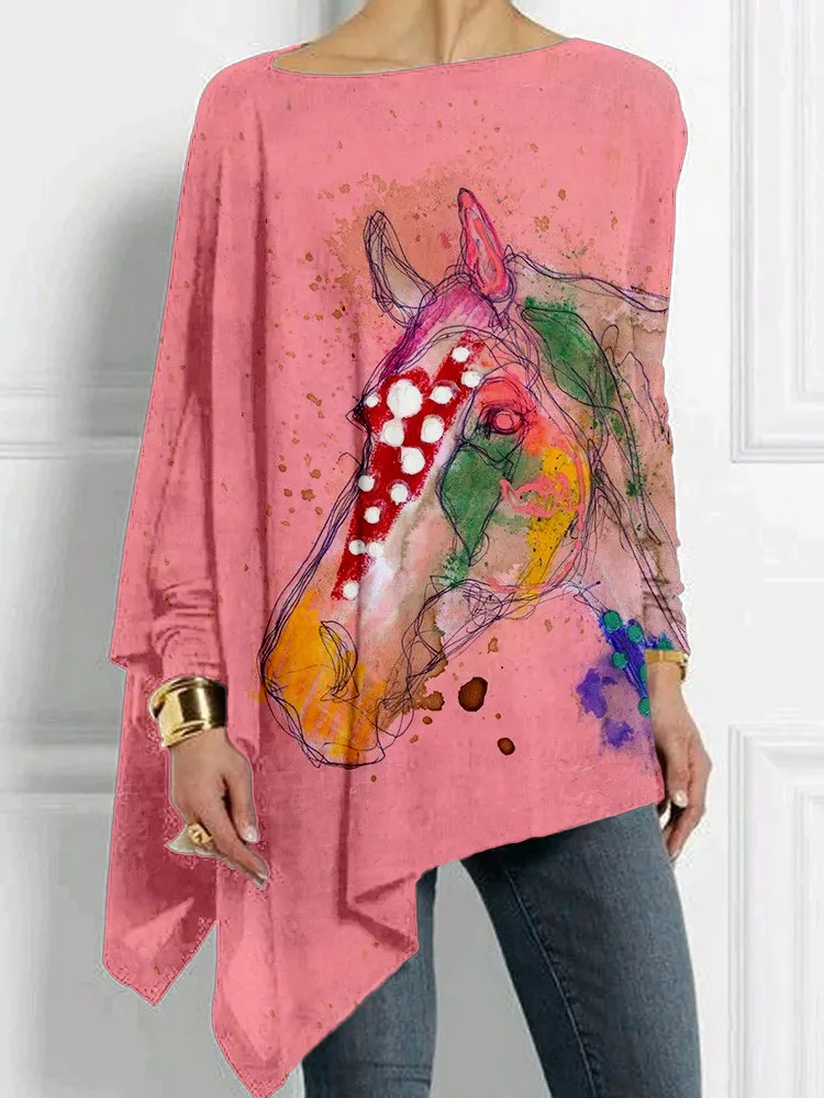 Colorful Horse Art Bat Sleeve Comfy T Shirt