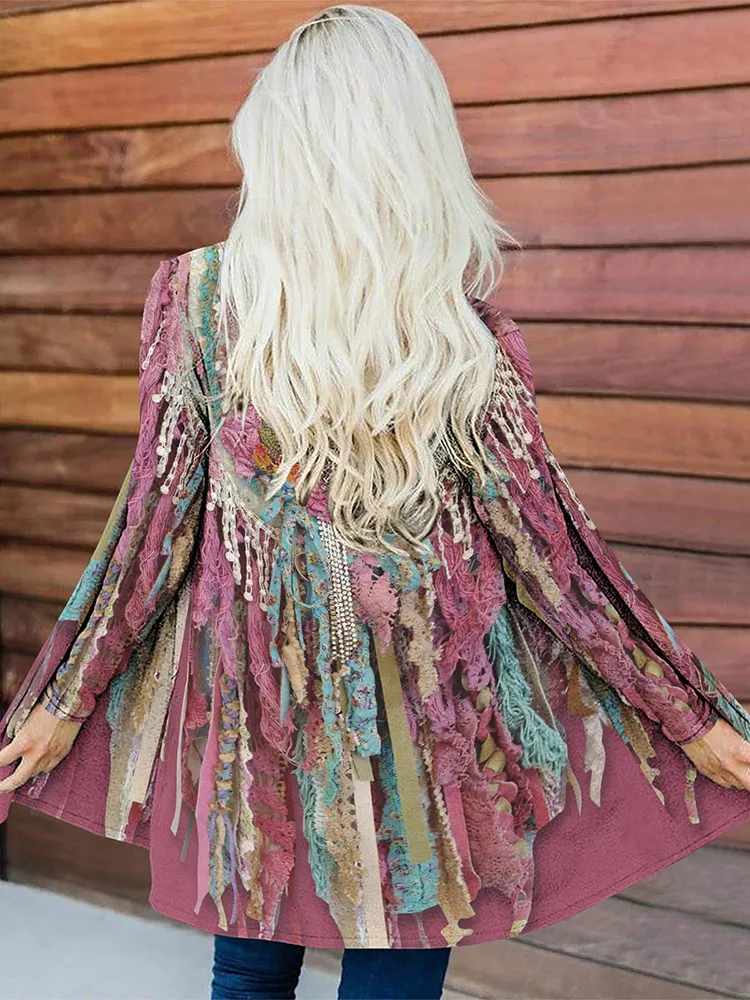 Western Fringed Print Long Sleeve Casual Cardigan