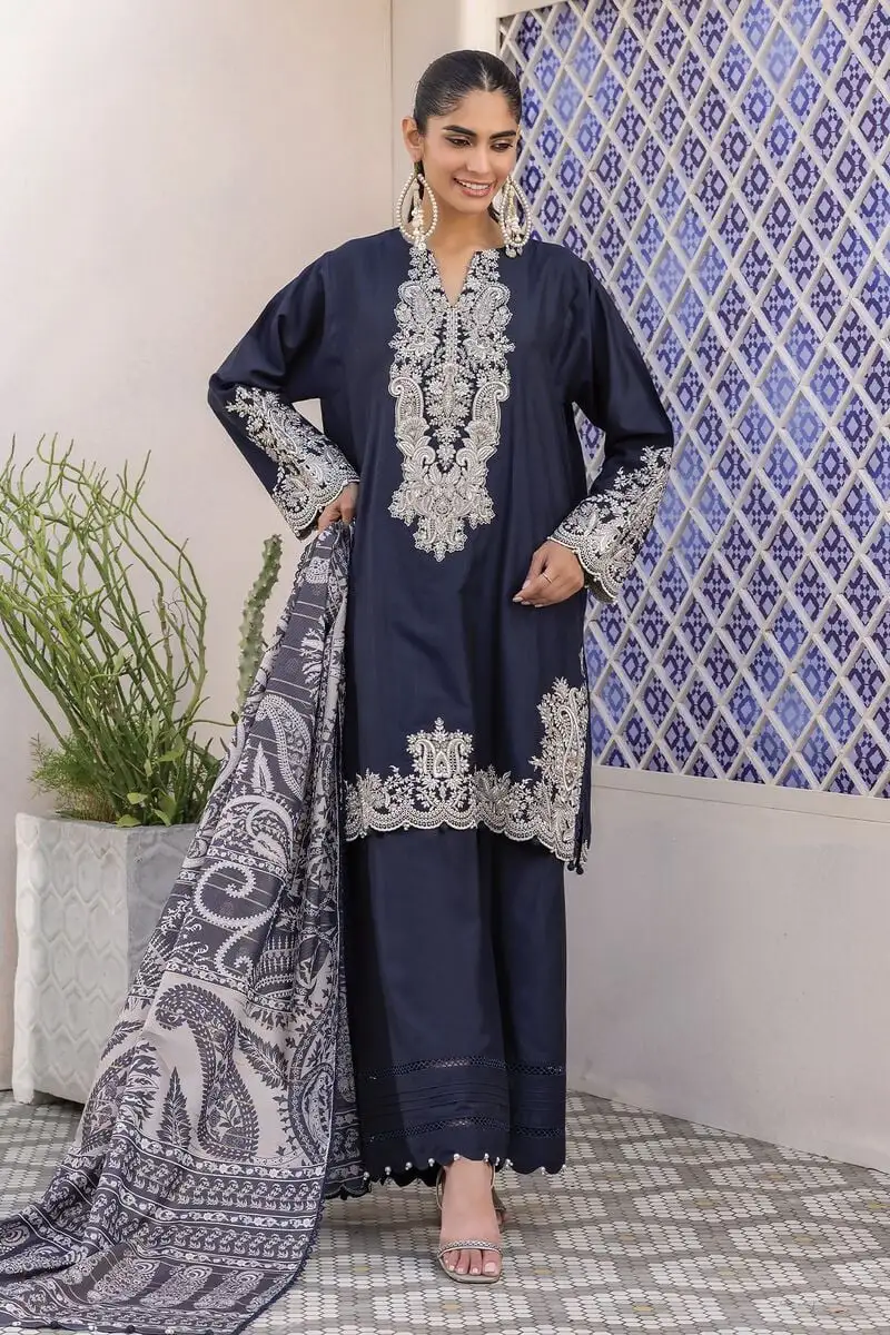 3 Piece Kurta Embroidered | Dupatta& Bottom & Tops | Color Navy blue