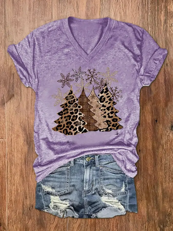 Women's Leopard   Tree Print V-Neck T-Shirt