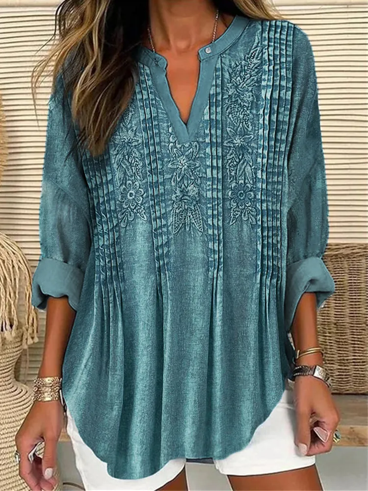 Western Floral Embossed Linen Blend Tunic