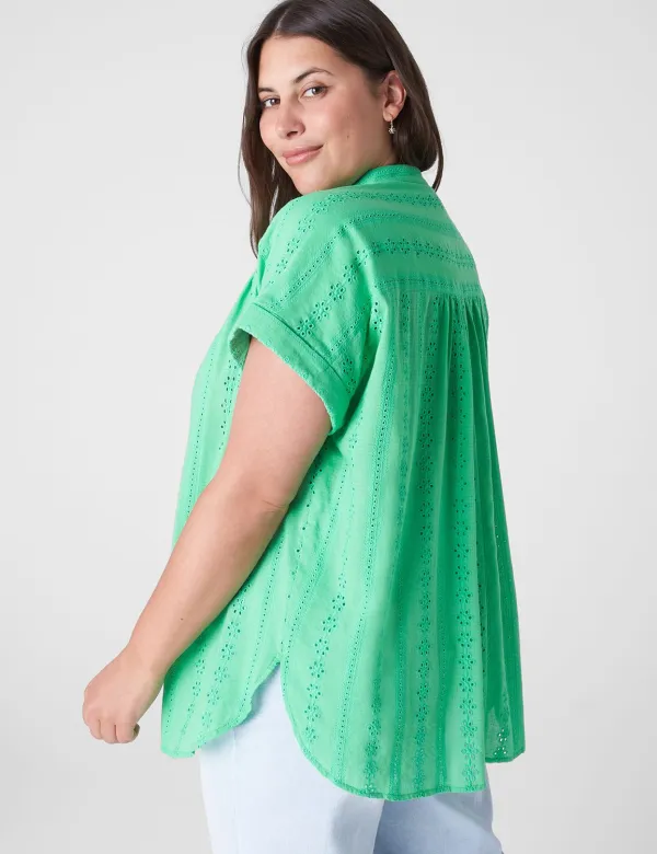 Short-Sleeve Eyelet Popover Blouse