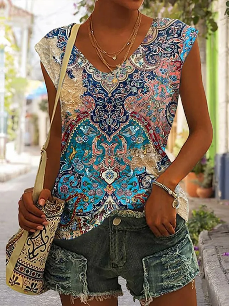 Vintage Western Print V-Neck Tank Top