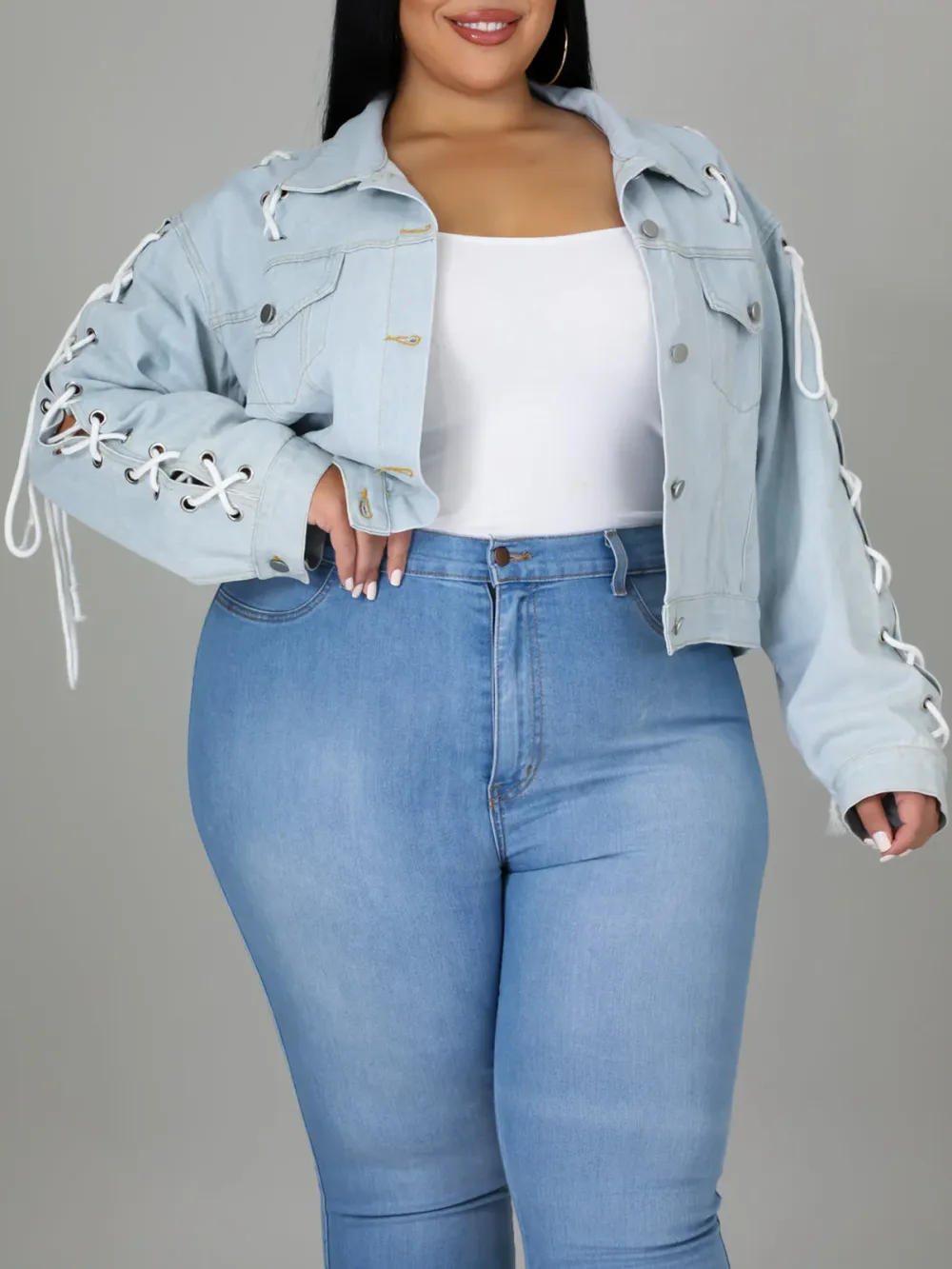 Plus-Size Fashion Women'S Lace-Up Denim Jacket