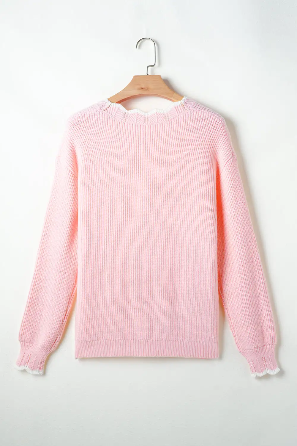 Pink Ribbed Knit Scalloped Edge Side Pockets Buttoned Cardigan