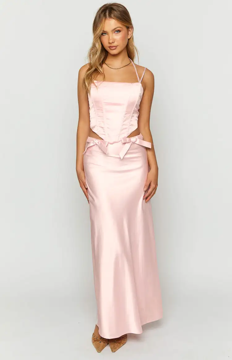 Azriel Pink Satin Bow Maxi Skirt