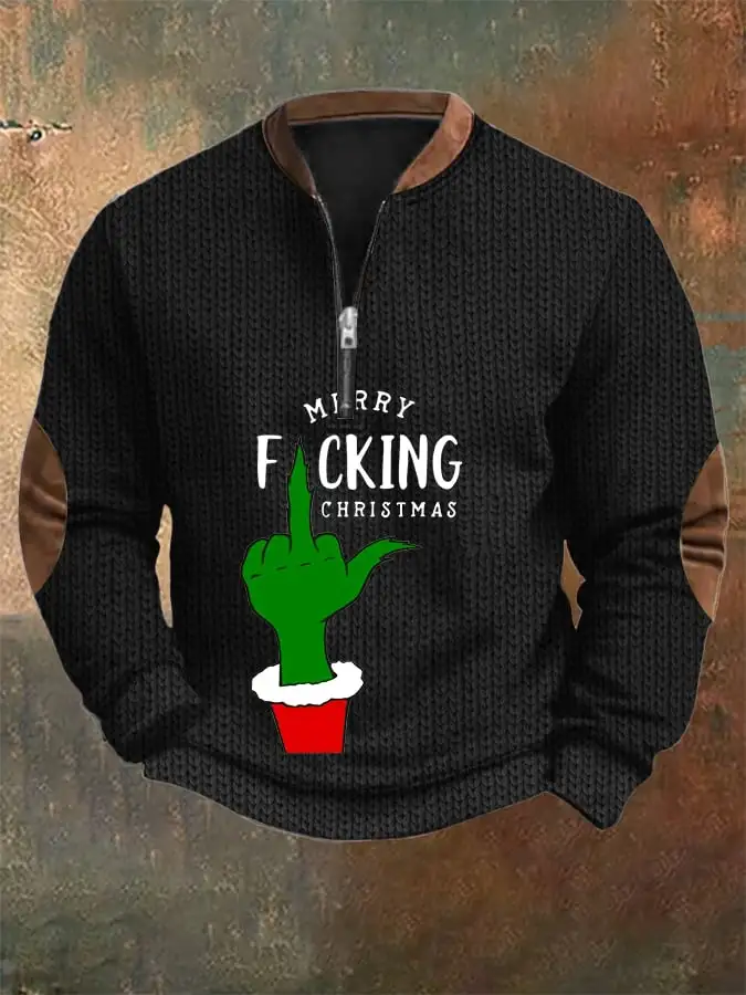 Men's Woolen Christmas Print Zip-Up Sweatshirt