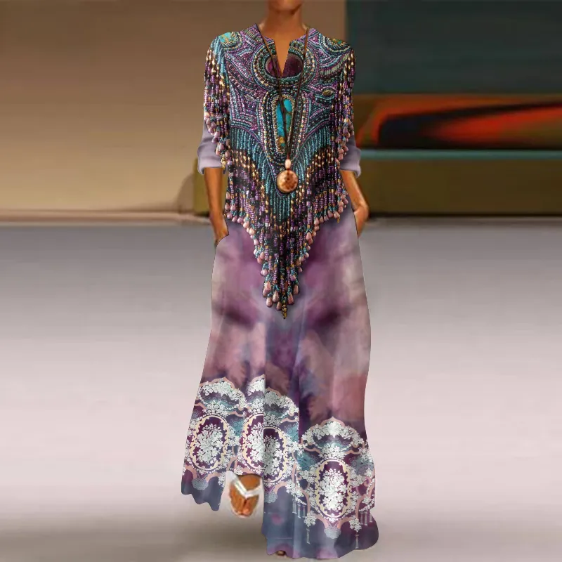 Vintage Western Tassel Print V-Neck Flowing Maxi Dress