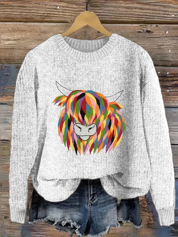 Colorful Cow Embroidery Pattern Crew Neck Sweater