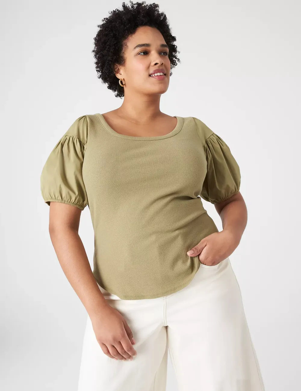 Fitted Woven Puff-Sleeve Rib Top