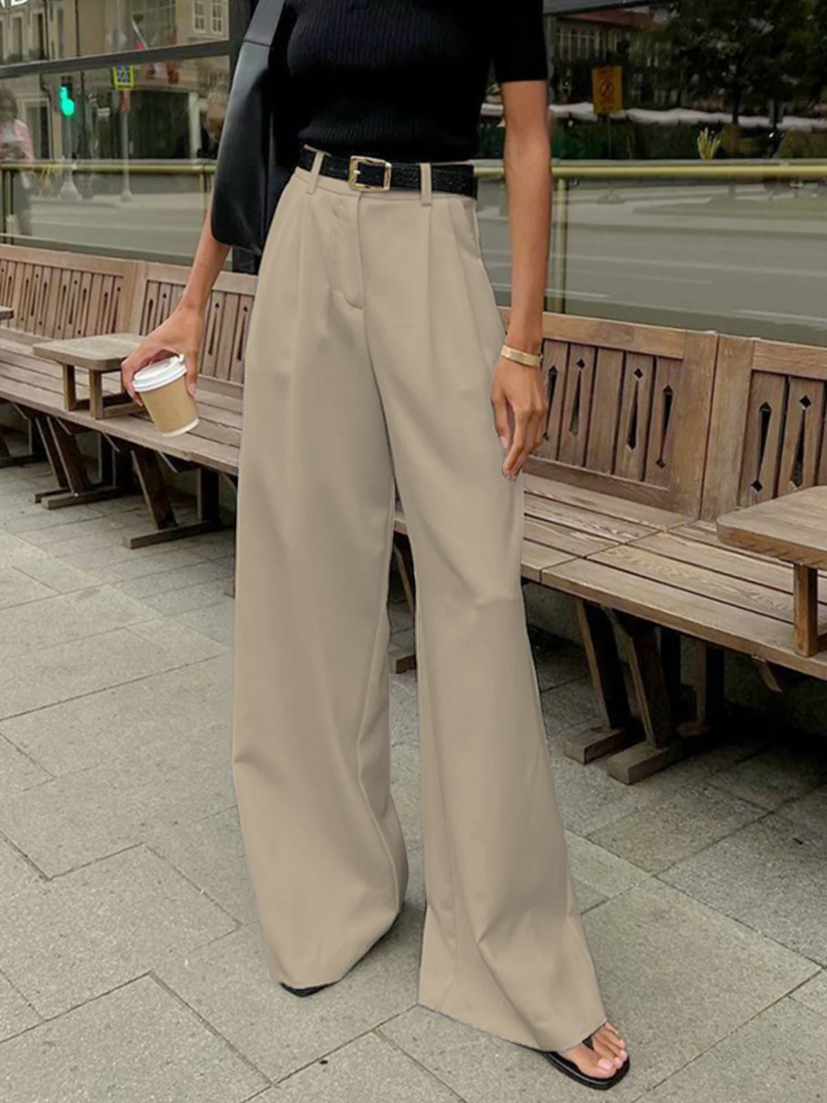 Solid Wide Leg Pants Without Belt