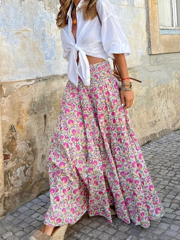 Boho Floral Pattern Large Hemline Skirt