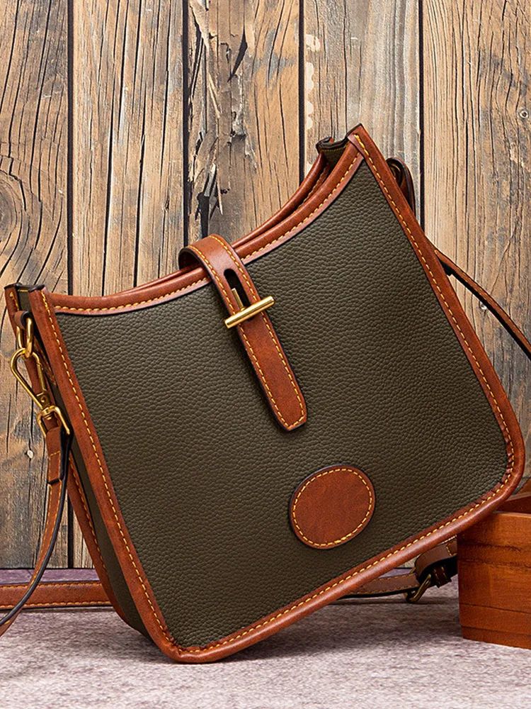 Retro Western Style Contrast Leather Shoulder Bag