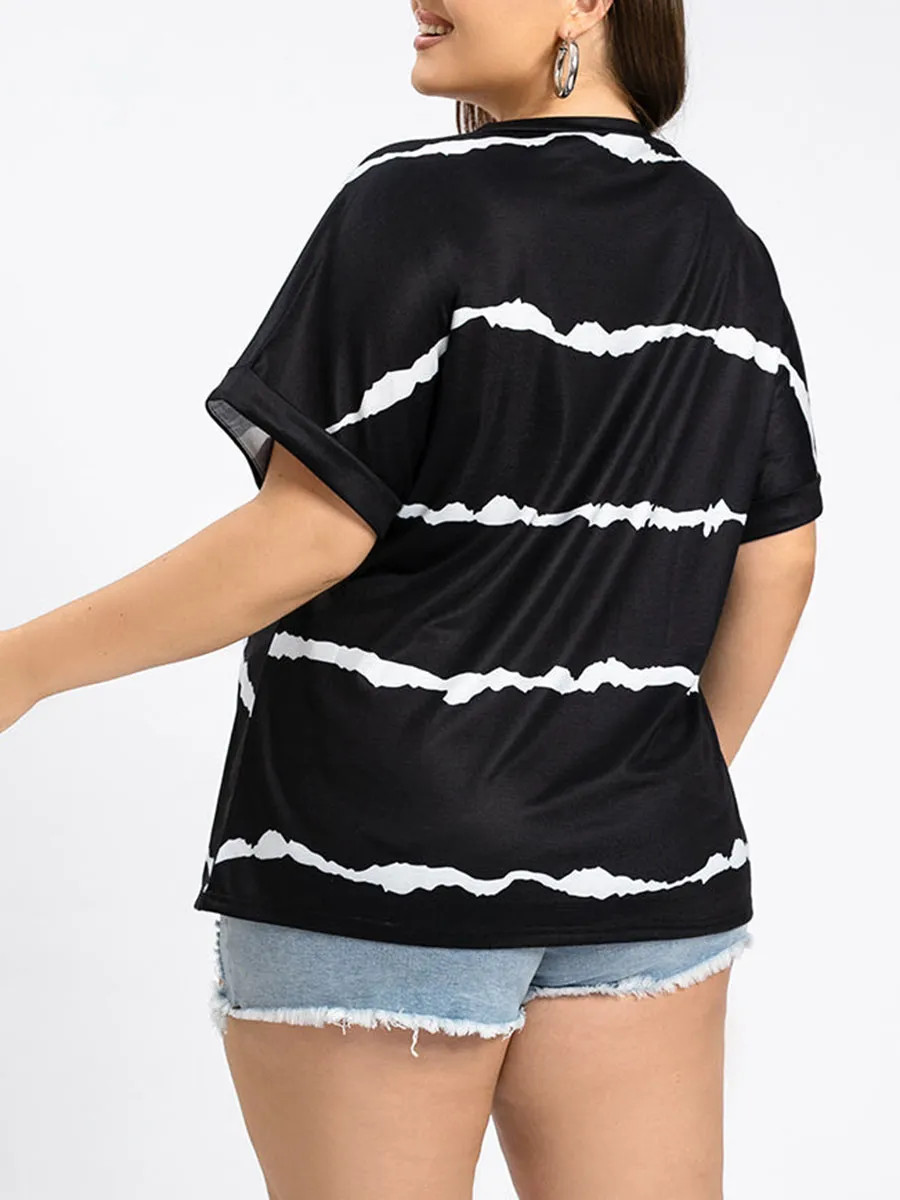 Plus Striped V-Neck Cuffed Sleeve Tee