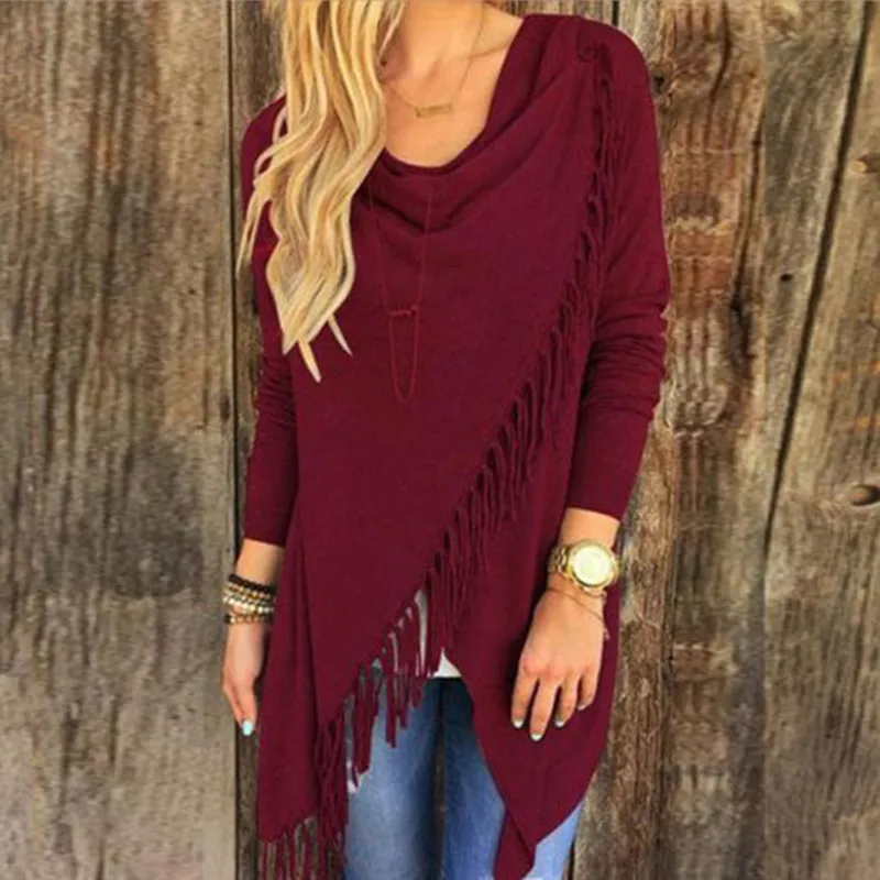 Solid Color Casual Fringe Long Sleeve T-Shirt