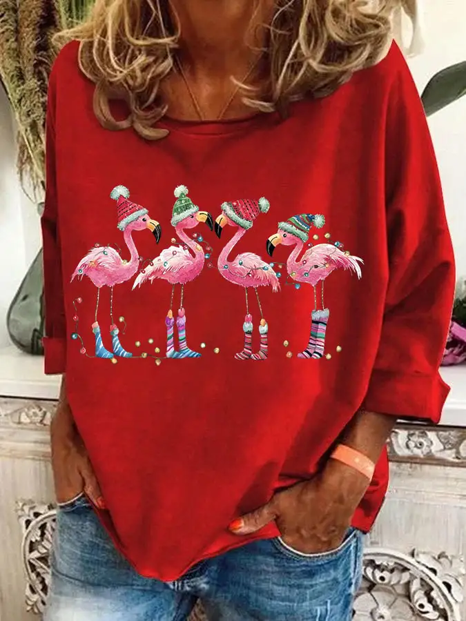 Women's Christmas Flamingo Holiday Print Casual Sweatshirt