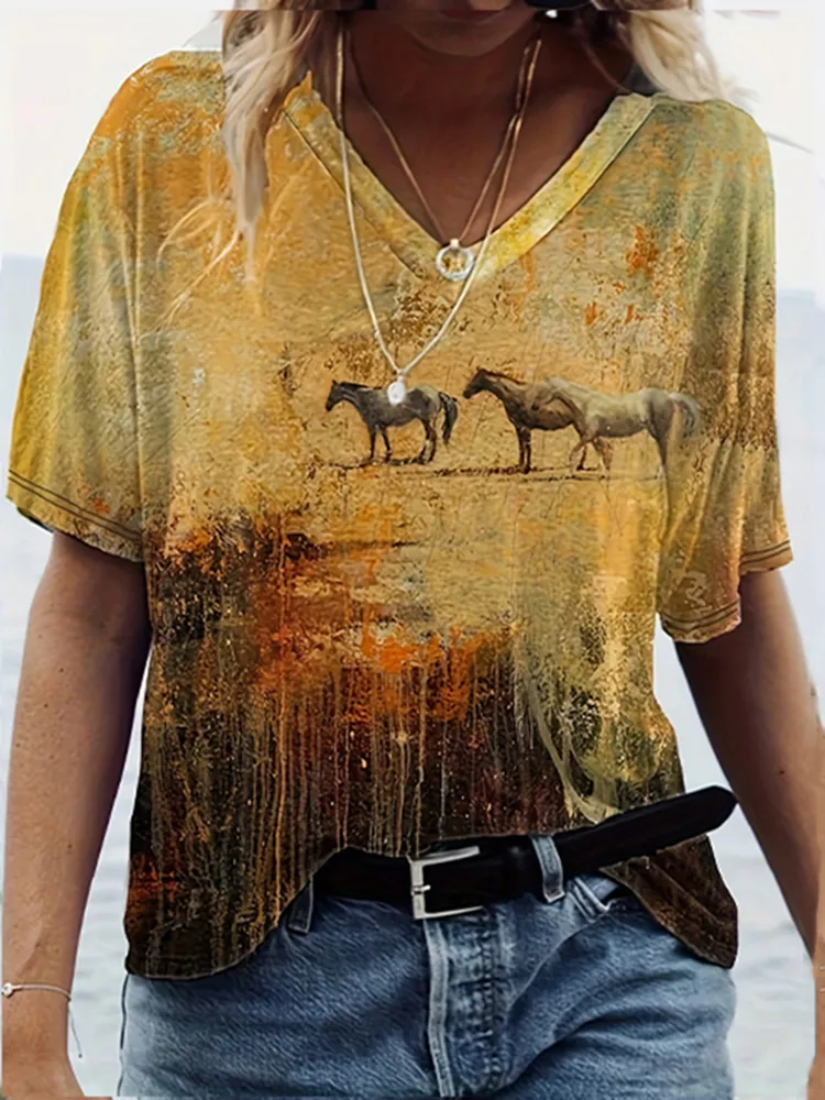 Western Horse Print Short Sleeve V-neck T-Shirt