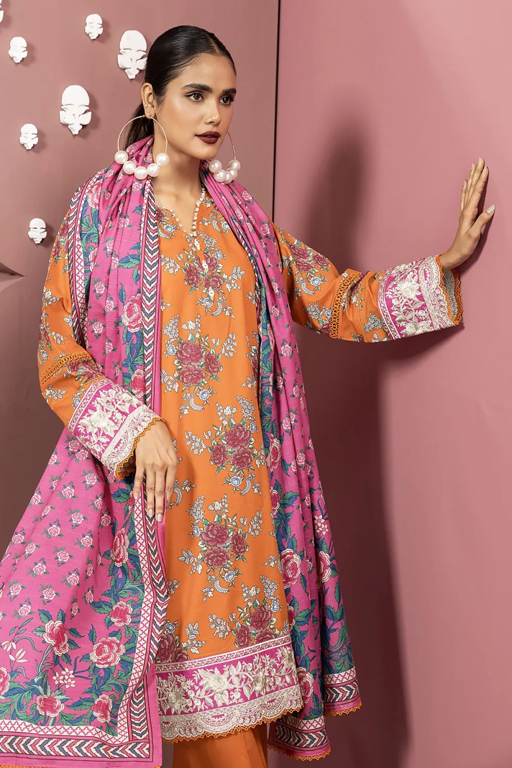 3 Piece Kurta Embroidered | Dupatta& Bottom & Tops | Color orange and pink