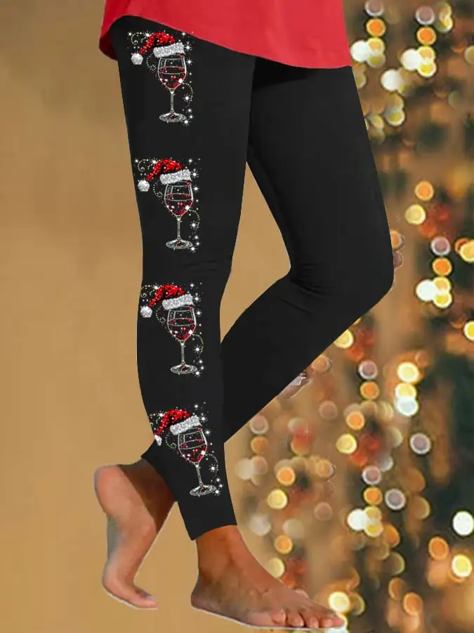 Women's Shiny Christmas Red Wine Glass Print Casual Leggings