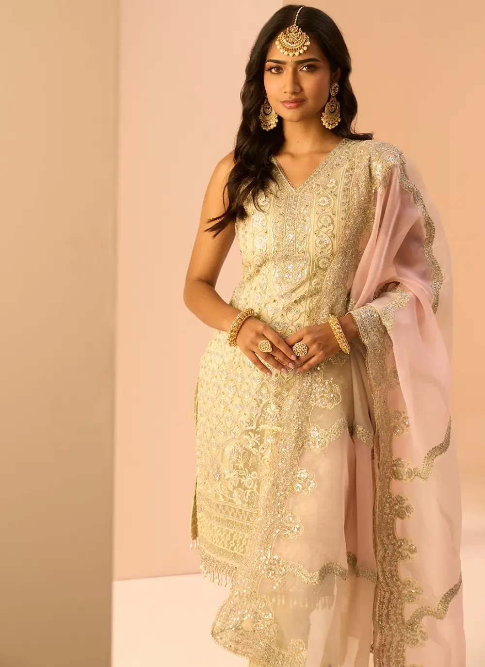 Light Yellow Embroidered Straight Suit