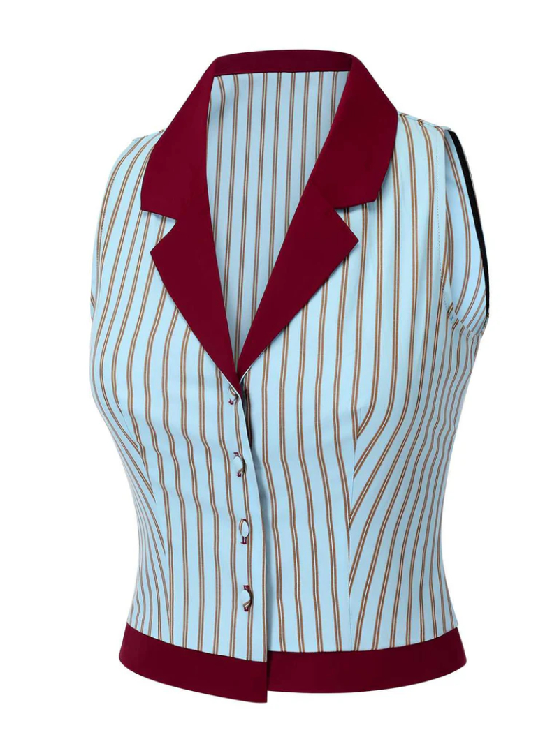 BLUE 1950S STRIPES PATCHWORK SLEEVELESS BLOUSE