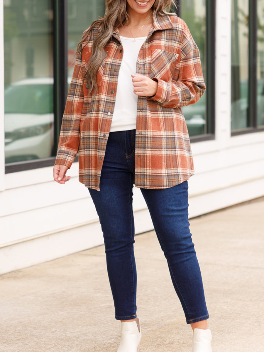 Orange red plaid pocket jacket