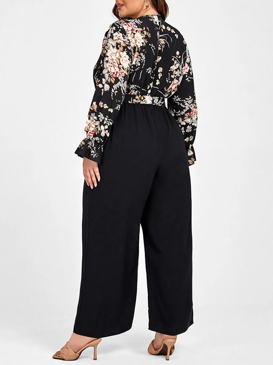 Plus Floral Patchwork Wrap Belted Pocket Jumpsuit