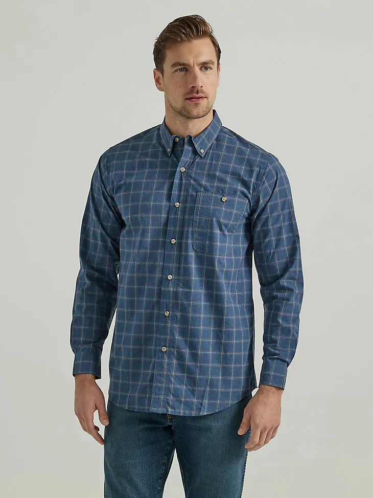 WRANGLER RUGGED WEAR® LONG SLEEVE WRINKLE RESIST PLAID BUTTON-DOWN SHIRT IN TEAL NAVY