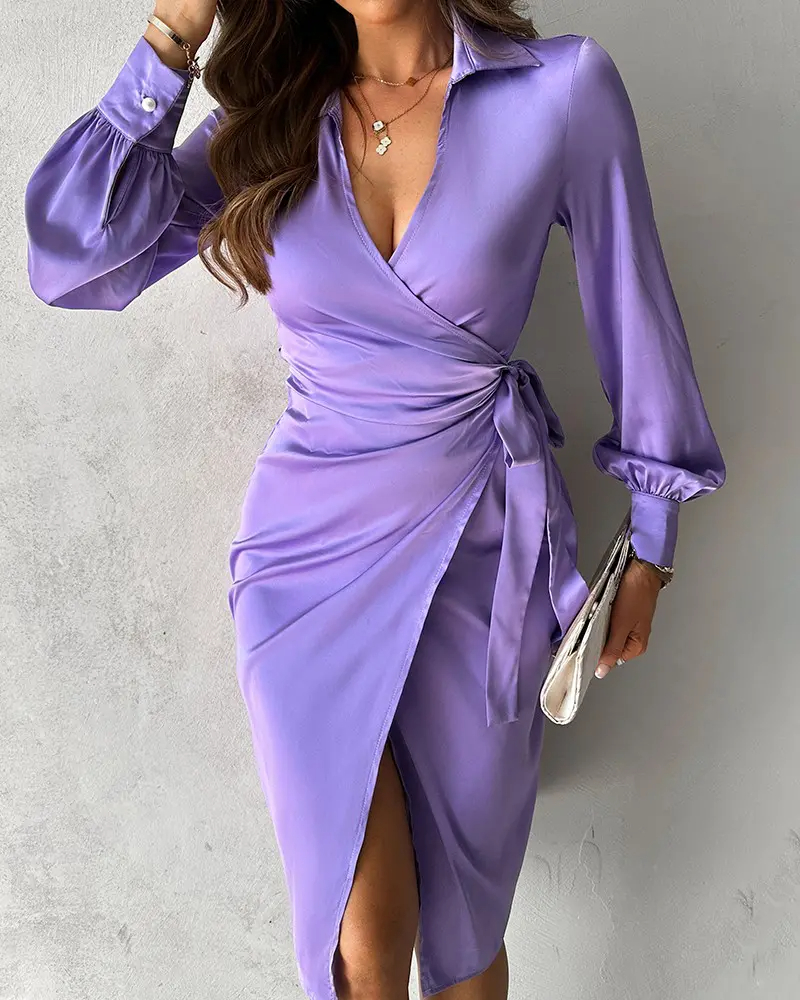 Knotted Slit Ruched Satin Shirt Dress