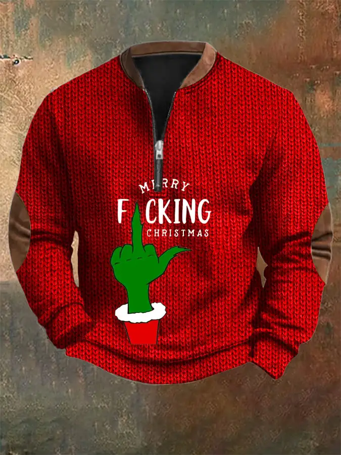 Men's Woolen Christmas Print Zip-Up Sweatshirt