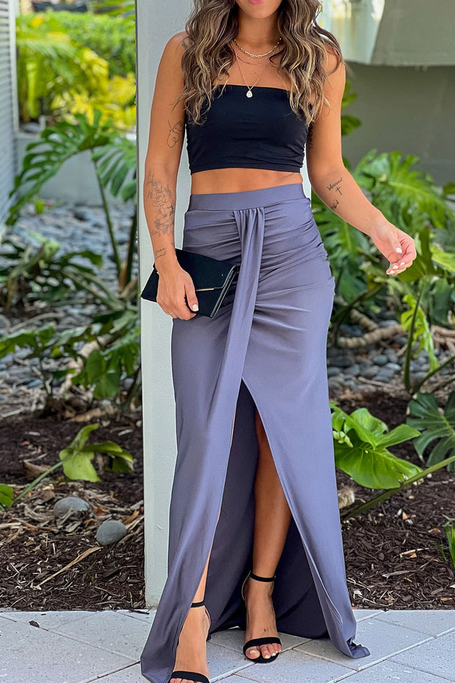 Charcoal Gold Maxi Skirt With Slit