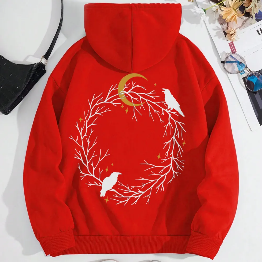 MOON N BIRDS PATTERN PRINTED HOODIE