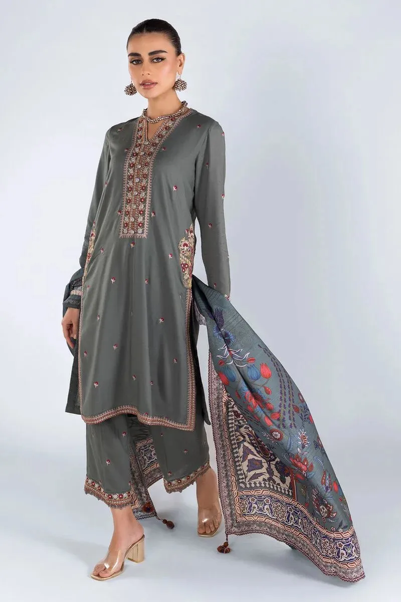 3 Piece Kurta Embroidered | Dupatta& Bottom & Tops | Color Dark gray