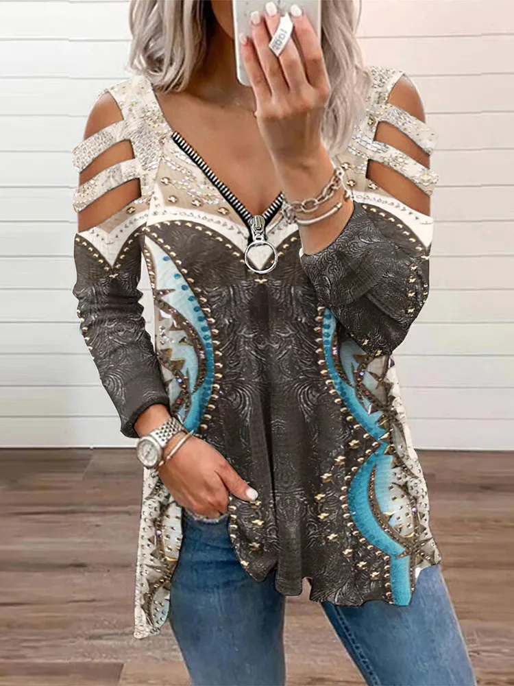 Western Tribal Geometry Printed Zip Up Hollow Out T Shirt