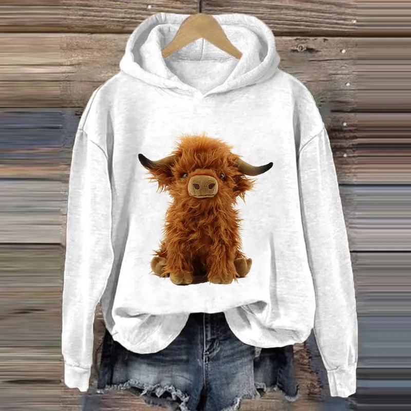 Women's Felt Highland Cow Print Vintage Hoodie