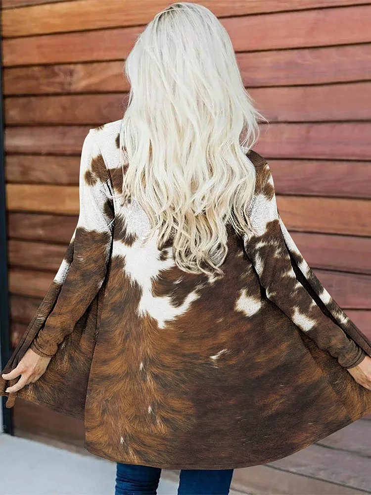 Western Cowhide Print Long Sleeve Casual Cardigan